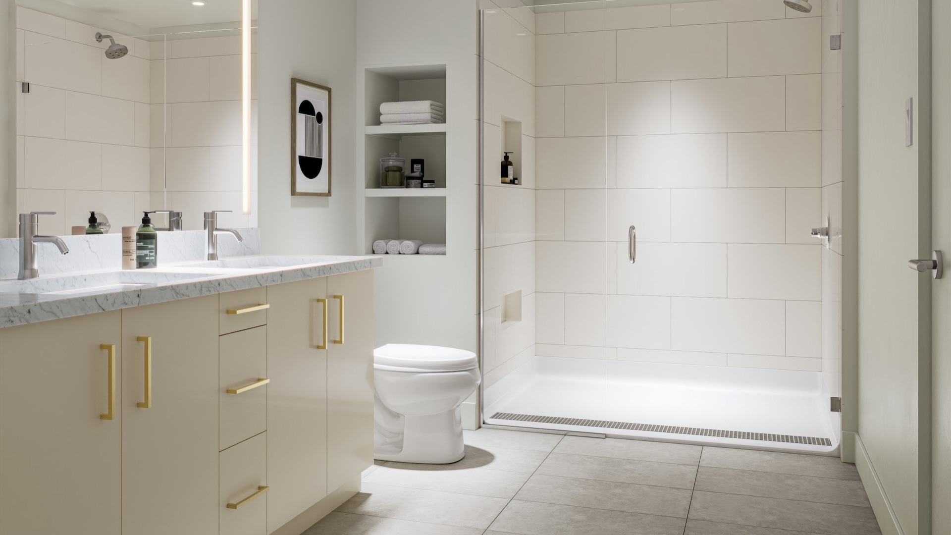 Large well lit bathroom with white accents 