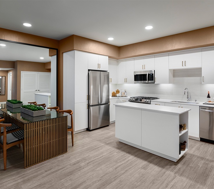 Spacious and well lit kitchen with wood floors and stainless steel appliances