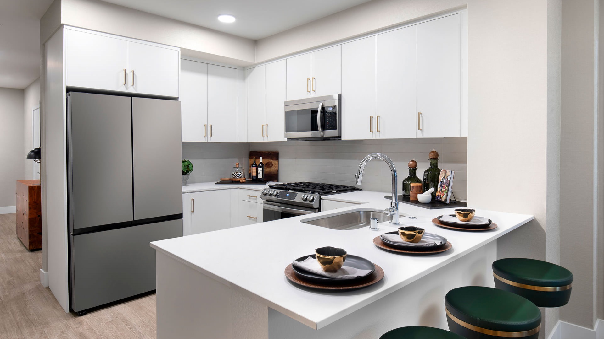 bright, kitchen with recessed lighting