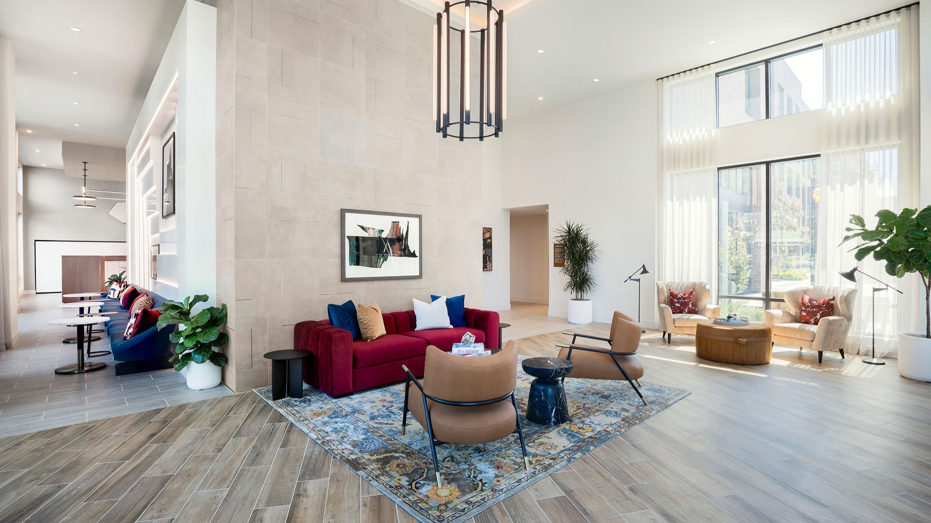 expansive lobby/clubhouse with chandelier