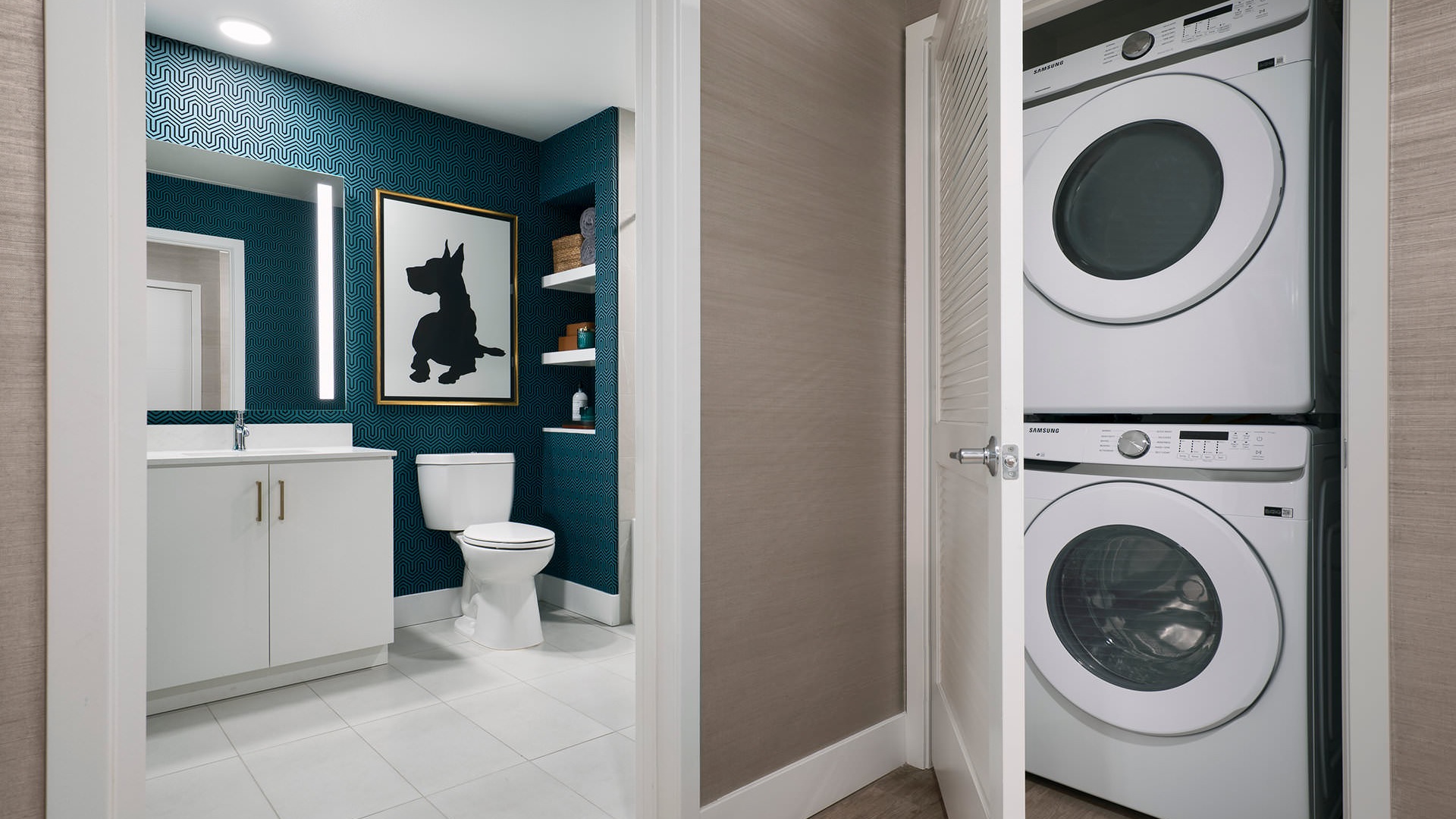 stacked washer/dryer in laundry closet